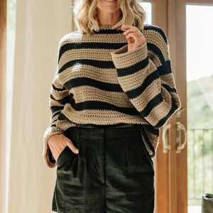 Baltic Born Robbie Striped Knit Sweater | Black + Camel Size XL